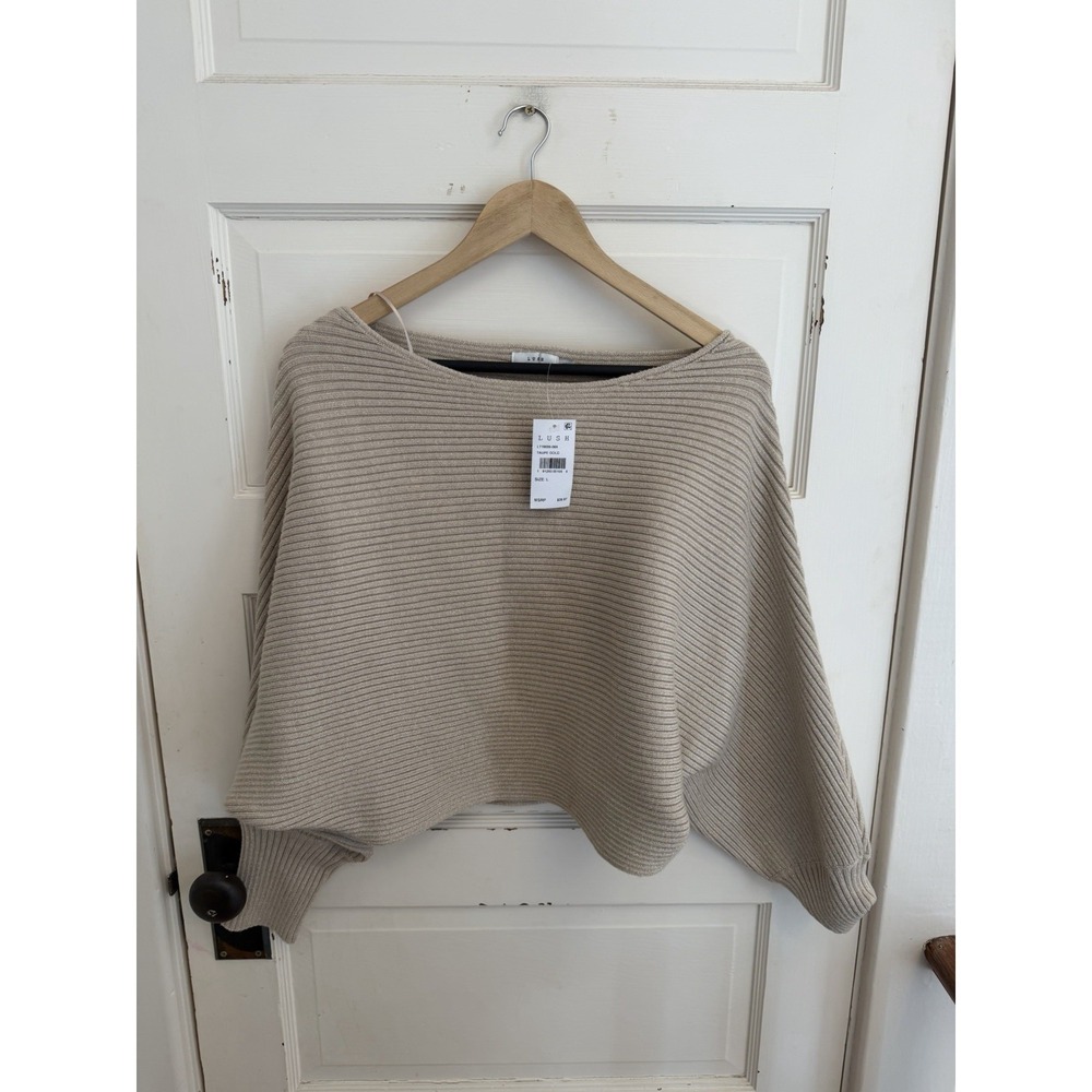 Lush Women's Taupe Gold Ribbed Cropped Sweater Size Large New
